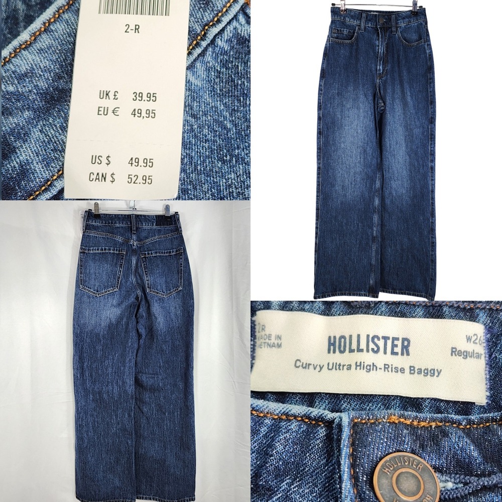 NWT Hollister Curvy Ultra High Rise Baggy Jeans Women w26 2R Wide Leg Streetwear - Picture 1 of 15